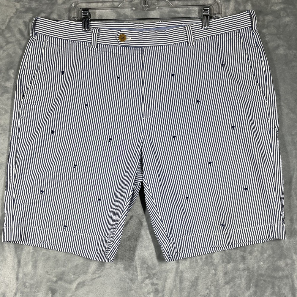 Brooks Brothers Mens 40 Bermuda Shorts Seersucker Stripe Palm Tree Navy White